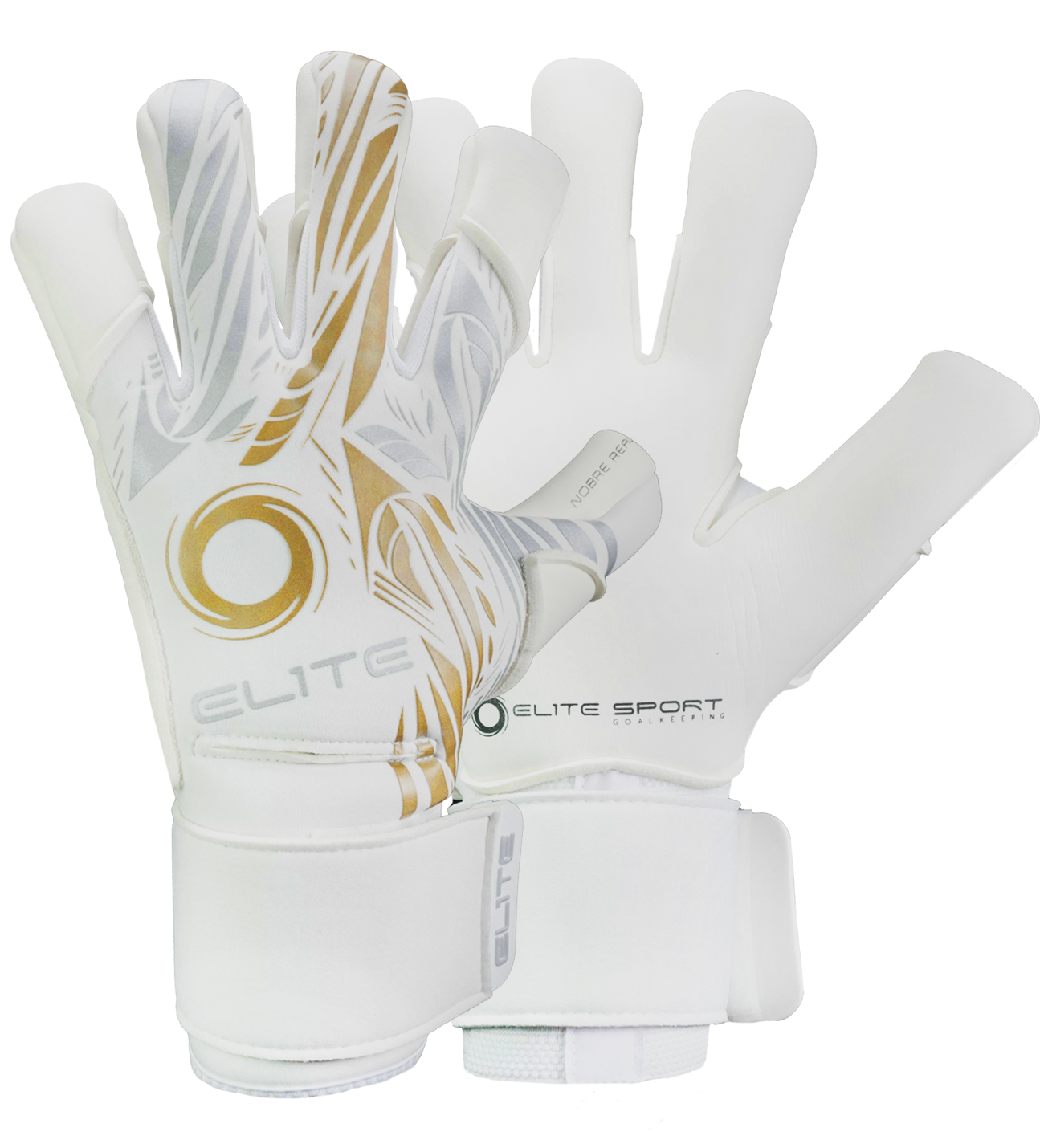 Guantes de portero de futbol Elite Sport Nobre Real Blanco Dorado con palma de látex Centum+ de 4 mm, corte SpeedCut anatómico, dorso de neopreno con espuma protectora, cintillo textil elástico ajustable y varillas removibles en cuatro dedos unokeeper.