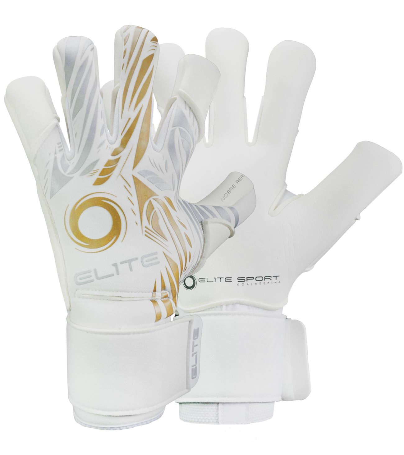 Guantes de portero de futbol Elite Sport Nobre Real Blanco Dorado con palma de látex Centum+ de 4 mm, corte SpeedCut anatómico, dorso de neopreno con espuma protectora, cintillo textil elástico ajustable y varillas removibles en cuatro dedos unokeeper.