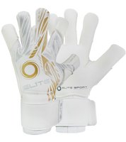 Guantes de portero de futbol Elite Sport Nobre Real Blanco Dorado con palma de látex Centum+ de 4 mm, corte SpeedCut anatómico, dorso de neopreno con espuma protectora, cintillo textil elástico ajustable y varillas removibles en cuatro dedos unokeeper.