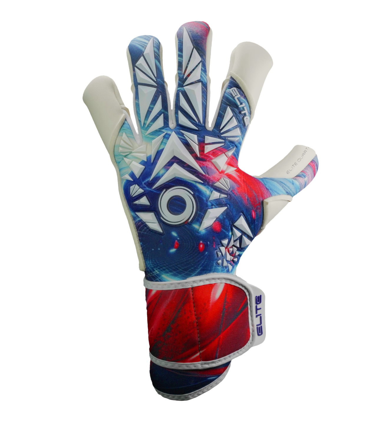 Guantes de portero Elite Quartz con palma de látex Centum+ de 4 mm, corte SpeedCut refinado, dorso de neopreno con goma protectora, cintillo envolvente de 5 cm y diseño profesional para todo tipo de cancha.