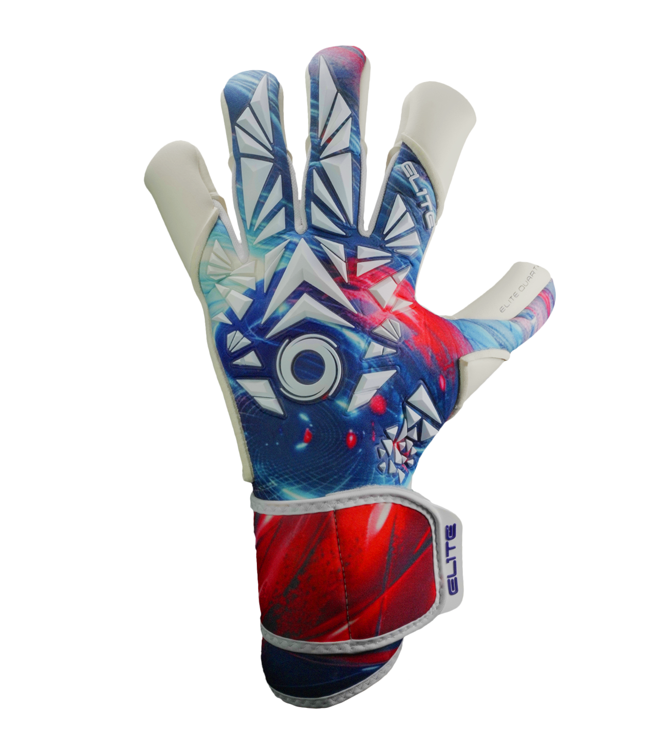 Guantes de portero Elite Quartz con palma de látex Centum+ de 4 mm, corte SpeedCut refinado, dorso de neopreno con goma protectora, cintillo envolvente de 5 cm y diseño profesional para todo tipo de cancha.
