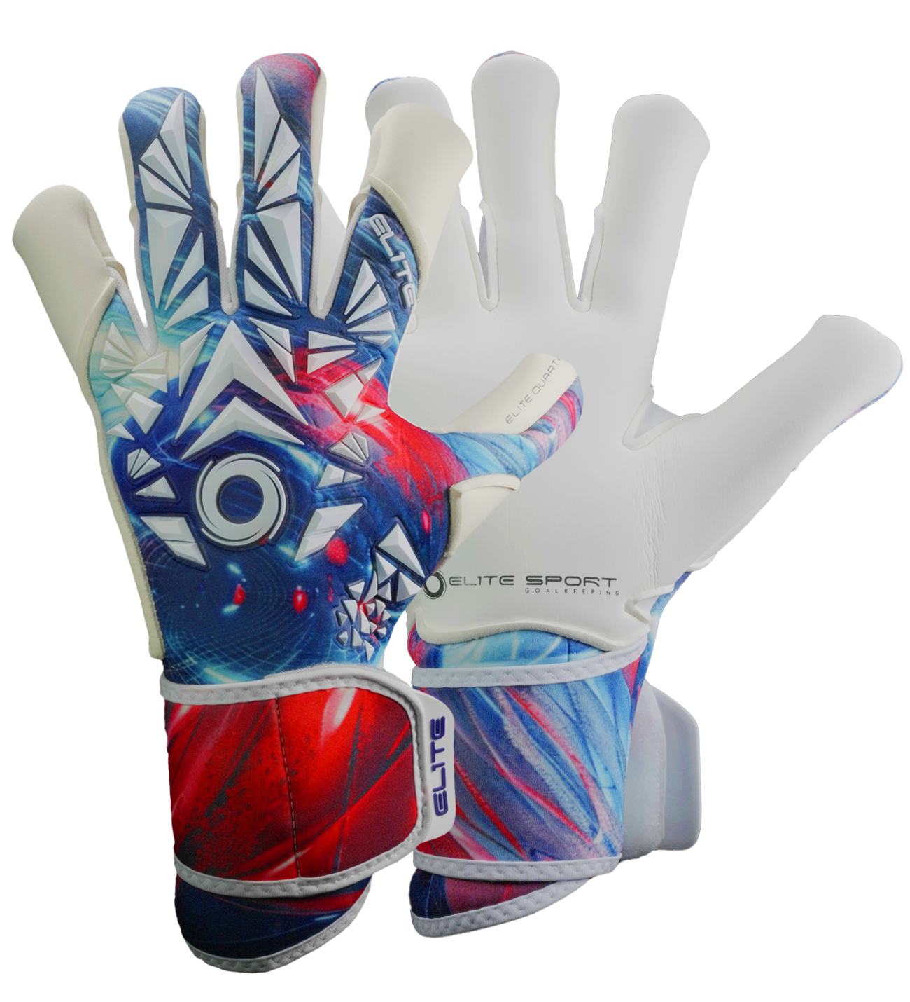 Guantes de portero de futbol Elite Quartz Azul Blanco con palma de látex Centum+ de 4 mm, corte SpeedCut refinado, dorso de neopreno con goma protectora, cintillo envolvente de 5 cm y diseño profesional para todo tipo de cancha unokeeper.