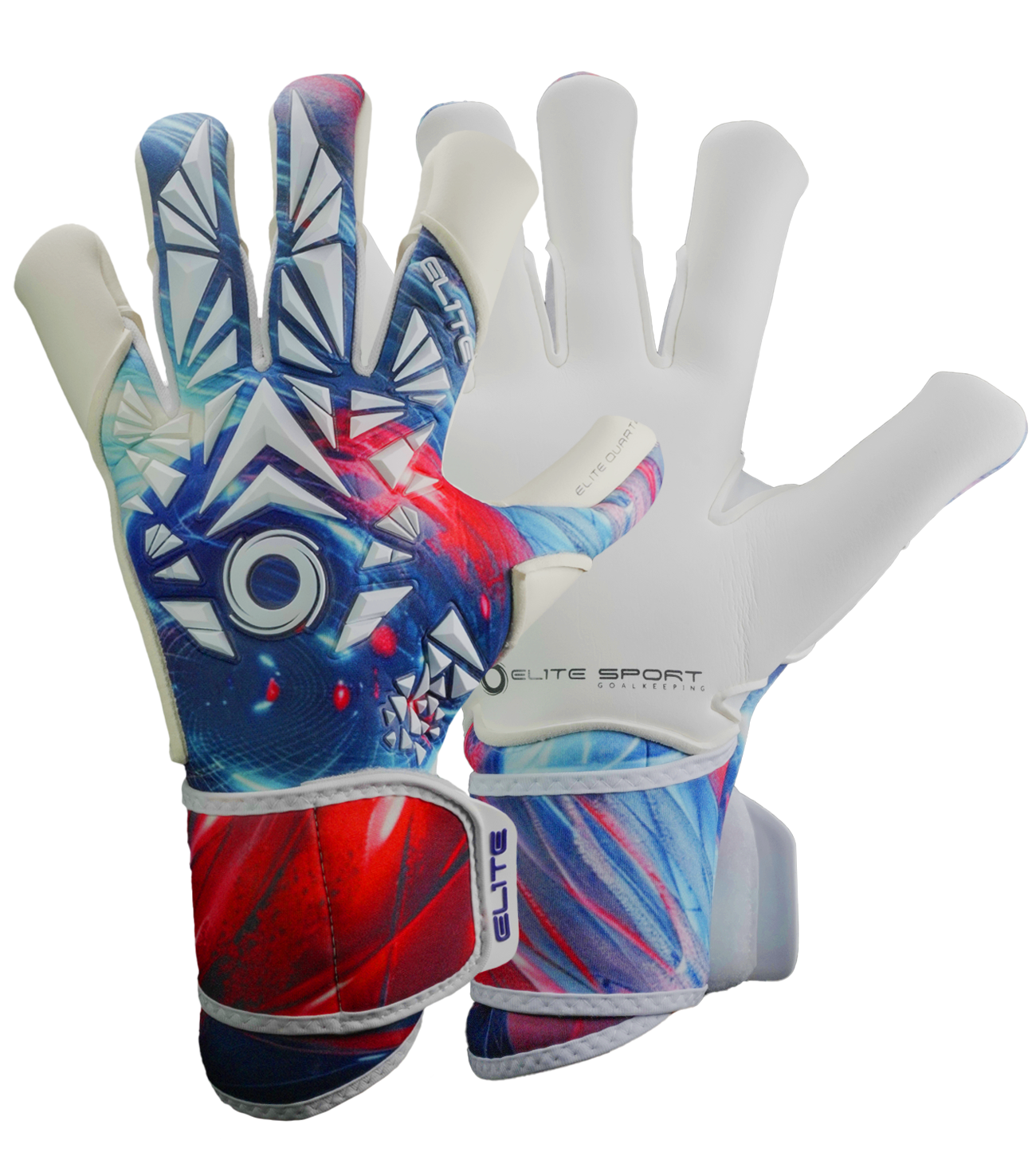 Guantes de portero de futbol Elite Quartz Azul Blanco con palma de látex Centum+ de 4 mm, corte SpeedCut refinado, dorso de neopreno con goma protectora, cintillo envolvente de 5 cm y diseño profesional para todo tipo de cancha unokeeper.