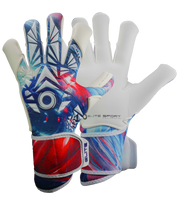 Guantes de portero de futbol Elite Quartz Azul Blanco con palma de látex Centum+ de 4 mm, corte SpeedCut refinado, dorso de neopreno con goma protectora, cintillo envolvente de 5 cm y diseño profesional para todo tipo de cancha unokeeper.