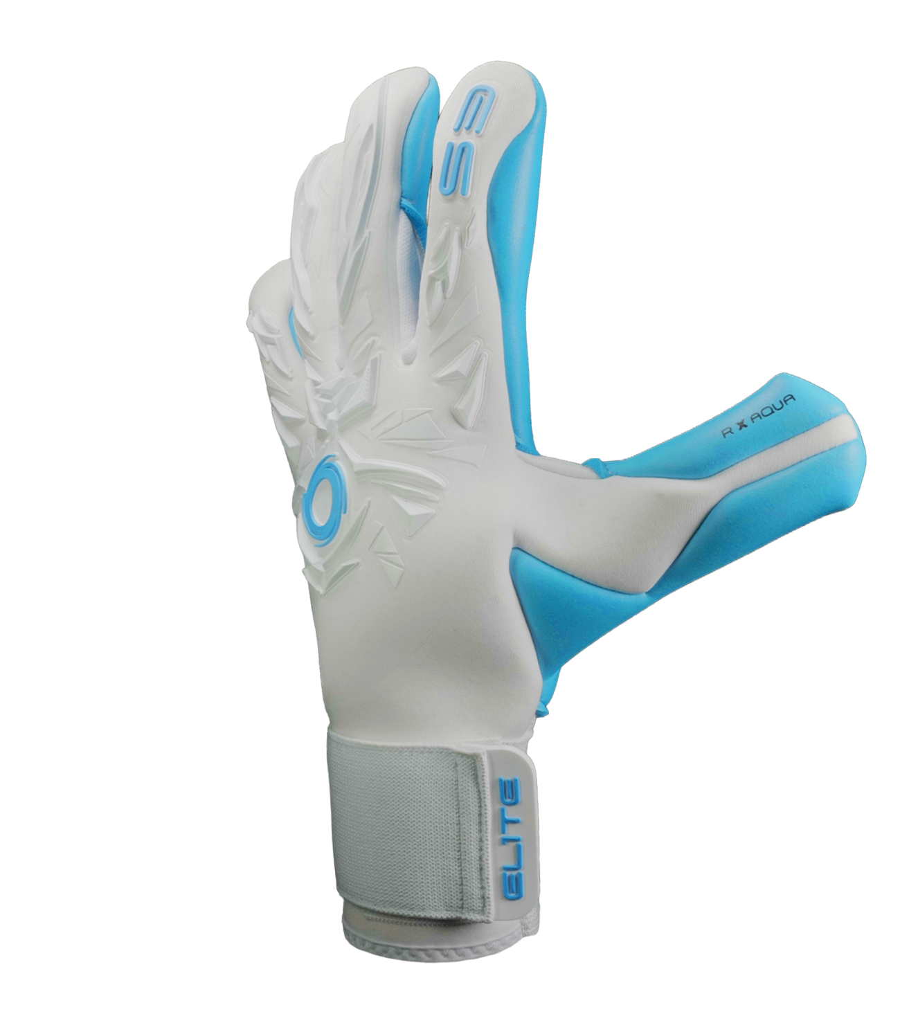 Guantes de portero de futbol Elite Revolution X Aqua Blanco Azul con palma Aqua EsTec de 4 mm para clima húmedo, corte Flash X ceñido con doble envoltura, dorso con goma protectora y tejido Hybrid CR, y cierre elástico envolvente con lengüeta de goma unokeeper.