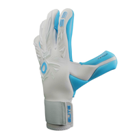 Guantes de portero de futbol Elite Revolution X Aqua Blanco Azul con palma Aqua EsTec de 4 mm para clima húmedo, corte Flash X ceñido con doble envoltura, dorso con goma protectora y tejido Hybrid CR, y cierre elástico envolvente con lengüeta de goma unokeeper.