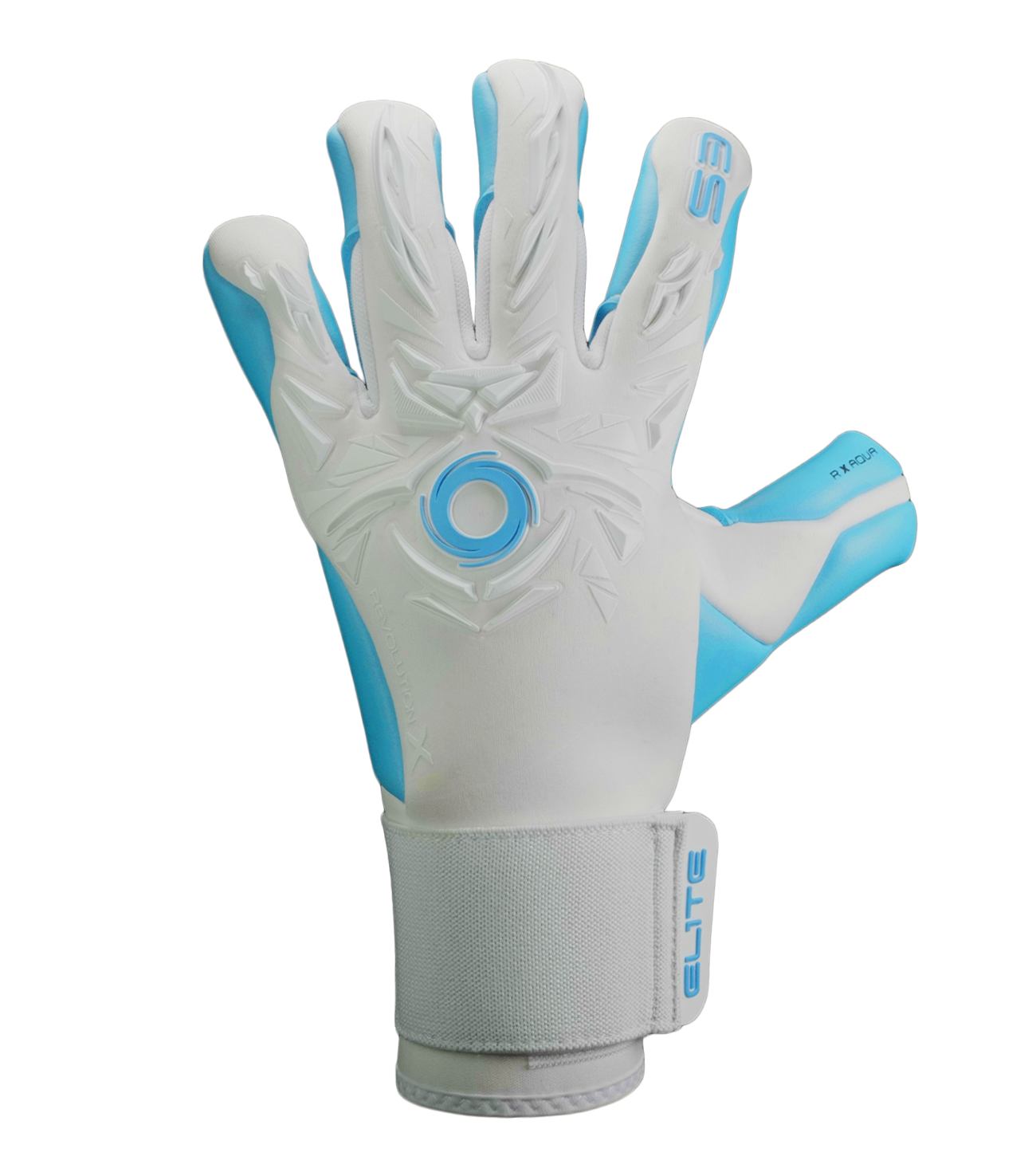 Guantes de portero de futbol Elite Revolution X Aqua Blanco Azul con palma Aqua EsTec de 4 mm para clima húmedo, corte Flash X ceñido con doble envoltura, dorso con goma protectora y tejido Hybrid CR, y cierre elástico envolvente con lengüeta de goma unokeeper.