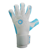 Guantes de portero de futbol Elite Revolution X Aqua Blanco Azul con palma Aqua EsTec de 4 mm para clima húmedo, corte Flash X ceñido con doble envoltura, dorso con goma protectora y tejido Hybrid CR, y cierre elástico envolvente con lengüeta de goma unokeeper.