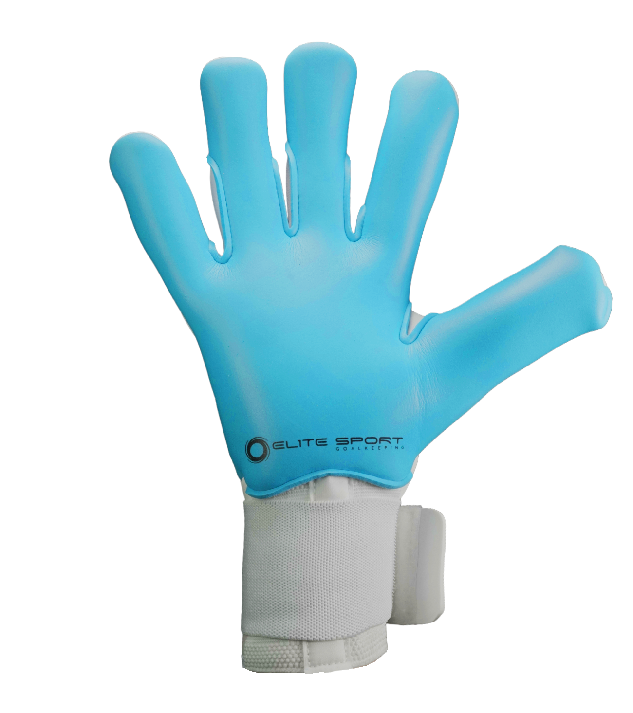 Guantes de portero de futbol Elite Revolution X Aqua Blanco Azul con palma Aqua EsTec de 4 mm para clima húmedo, corte Flash X ceñido con doble envoltura, dorso con goma protectora y tejido Hybrid CR, y cierre elástico envolvente con lengüeta de goma unokeeper.