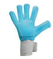 Guantes de portero de futbol Elite Revolution X Aqua Blanco Azul con palma Aqua EsTec de 4 mm para clima húmedo, corte Flash X ceñido con doble envoltura, dorso con goma protectora y tejido Hybrid CR, y cierre elástico envolvente con lengüeta de goma unokeeper.