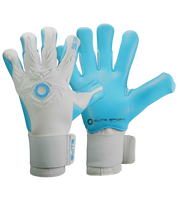 Guantes de portero de futbol Elite Revolution X Aqua Blanco Azul con palma Aqua EsTec de 4 mm para clima húmedo, corte Flash X ceñido con doble envoltura, dorso con goma protectora y tejido Hybrid CR, y cierre elástico envolvente con lengüeta de goma unokeeper.