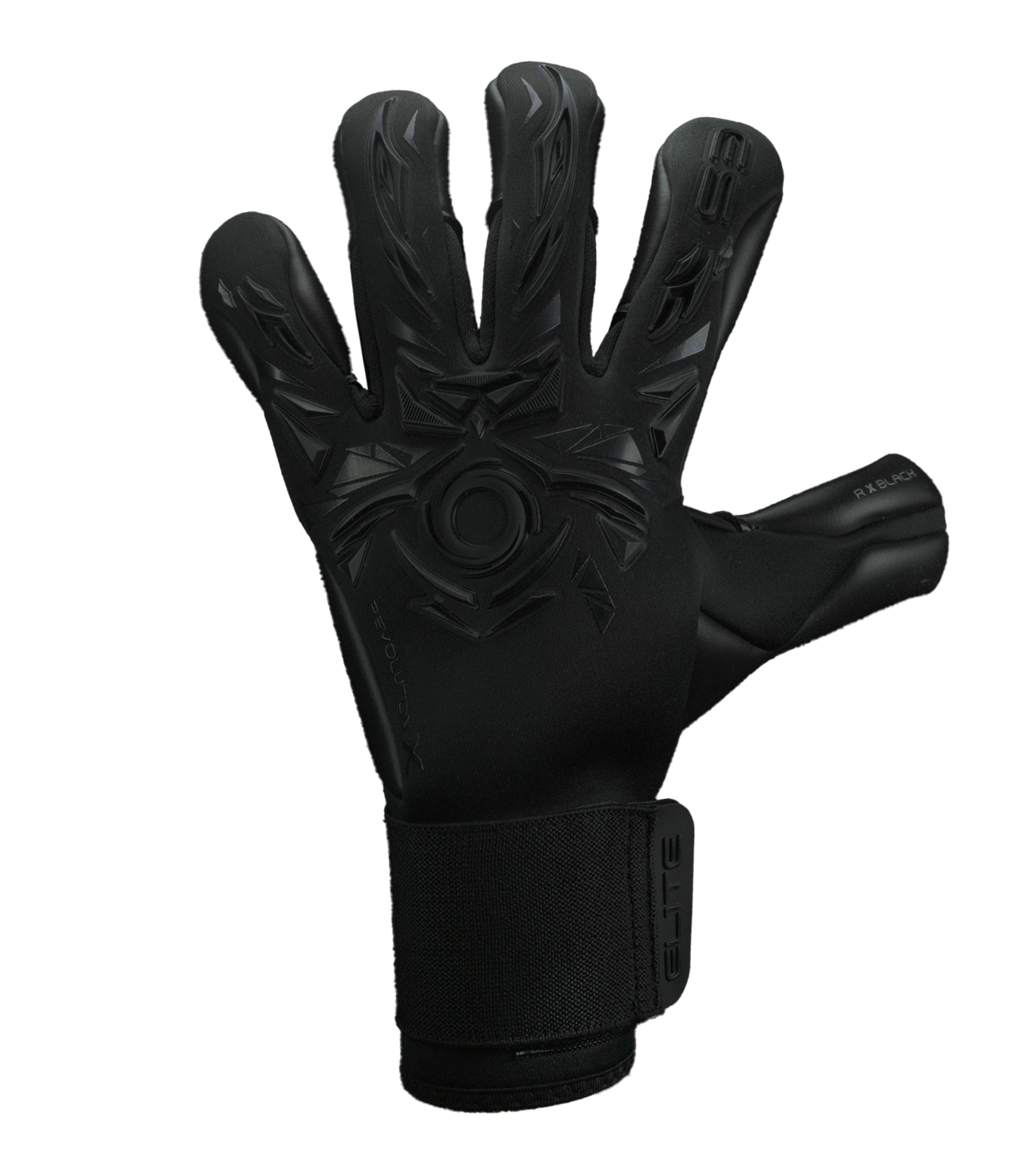Guantes de portero de futbol Elite Sport Revolution X Black Negro con palma Ultra GTech Pro de 4 mm, corte Flash X ergonómico con doble envoltura, dorso con goma protectora y textil Hybrid CR, cierre elástico ajustable y rendimiento profesional en todo tipo de cancha unokeeper.