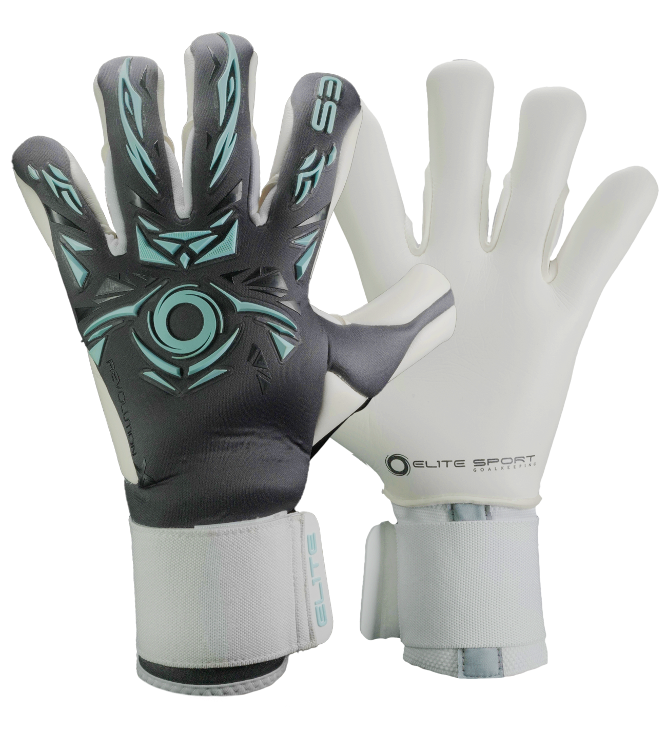 Guantes de portero de futbol Elite Revolution X GT gris azul con palma de látex Ultra GTech Pro de 4 mm, corte Flash X ajustado, dorso protector con goma y textil Hybrid CR transpirable, cierre elástico con lengüeta para ajuste firme unokeeper.