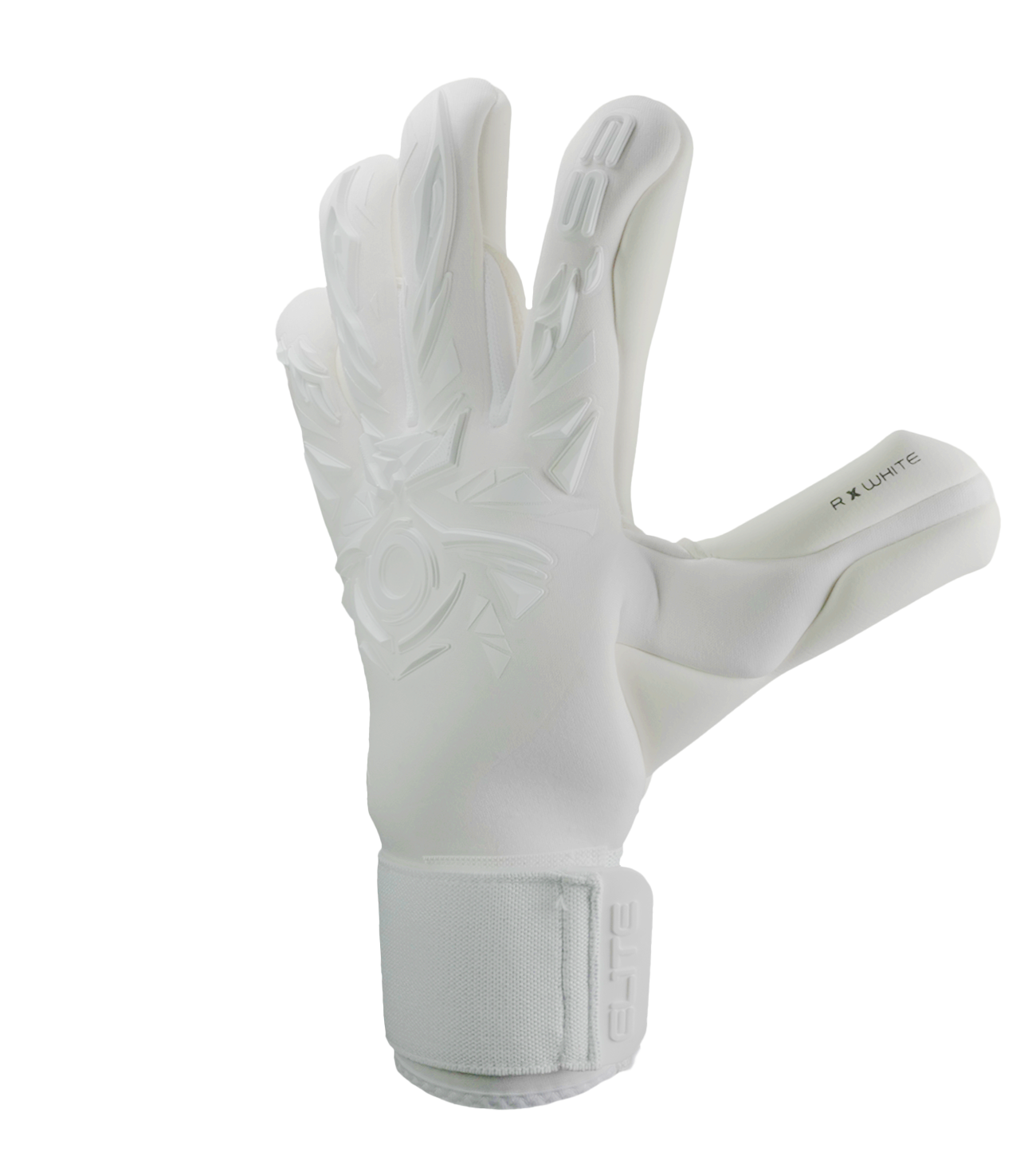 Guantes de portero de futbol Elite Sport Revolution X White Blanco con palma Ultra GTech Pro de 4 mm, corte Flash X ajustado con doble envoltura, dorso con goma protectora y textil Hybrid CR, cierre elástico seguro y diseño profesional para todo clima unokeeper.