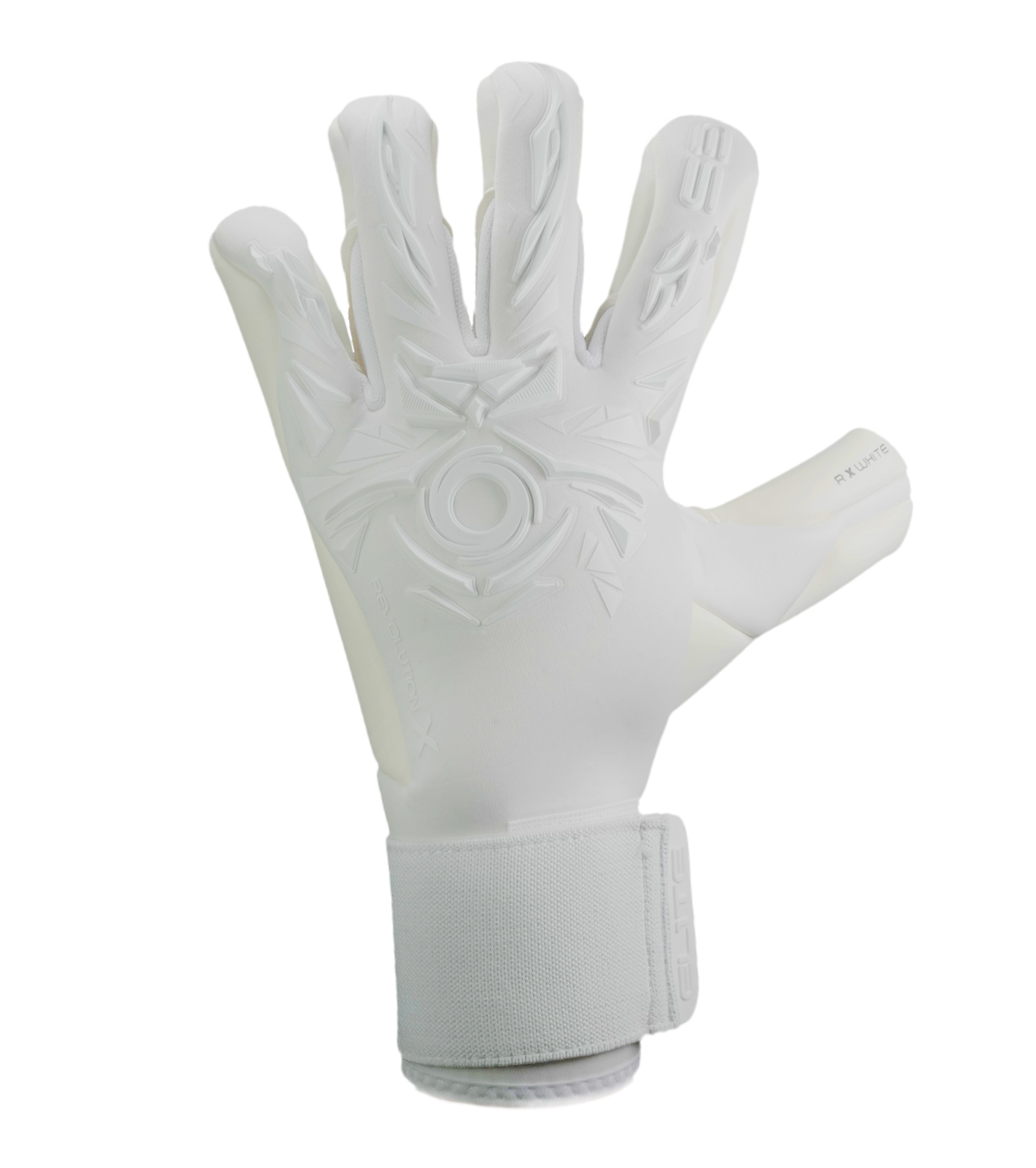 Guantes de portero de futbol Elite Sport Revolution X White Blanco con palma Ultra GTech Pro de 4 mm, corte Flash X ajustado con doble envoltura, dorso con goma protectora y textil Hybrid CR, cierre elástico seguro y diseño profesional para todo clima unokeeper.