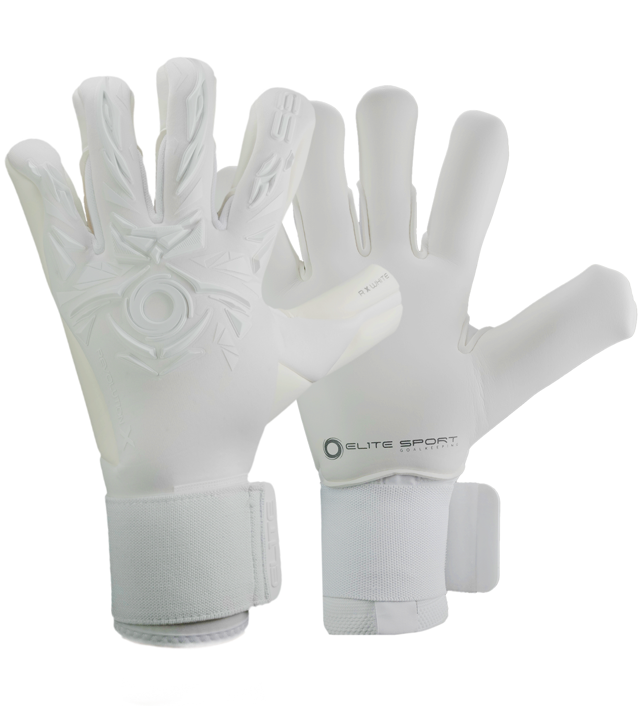 Guantes de portero de futbol Elite Sport Revolution X White Blanco con palma Ultra GTech Pro de 4 mm, corte Flash X ajustado con doble envoltura, dorso con goma protectora y textil Hybrid CR, cierre elástico seguro y diseño profesional para todo clima unokeeper.