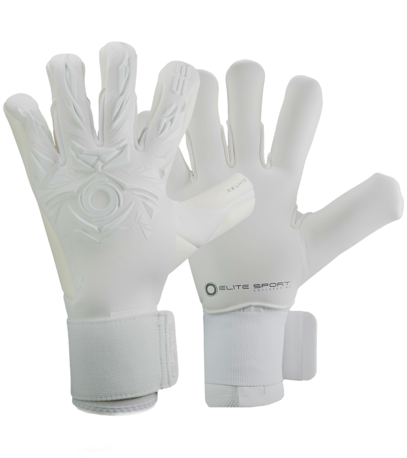 Guantes de portero de futbol Elite Sport Revolution X White Blanco con palma Ultra GTech Pro de 4 mm, corte Flash X ajustado con doble envoltura, dorso con goma protectora y textil Hybrid CR, cierre elástico seguro y diseño profesional para todo clima unokeeper.