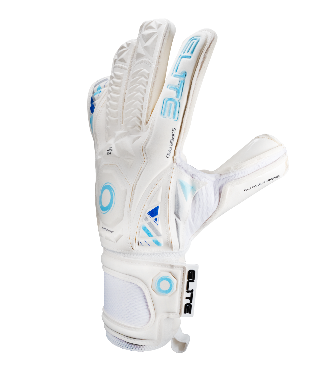Guantes de portero de futbol Elite Sport Supreme Blanco con palma Ultra G Tech de 4 mm, corte híbrido Rollfinger-Negativo, dorso con tecnología 3D Shock Zone y sistema AVM, cierre elástico envolvente de 5 cm y sin varillas para máxima flexibilidad unokeeper.