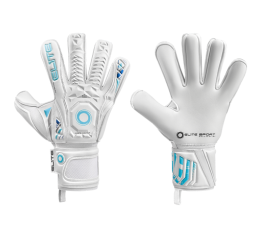 Guantes de portero de futbol Elite Sport Supreme Blanco con palma Ultra G Tech de 4 mm, corte híbrido Rollfinger-Negativo, dorso con tecnología 3D Shock Zone y sistema AVM, cierre elástico envolvente de 5 cm y sin varillas para máxima flexibilidad unokeeper.
