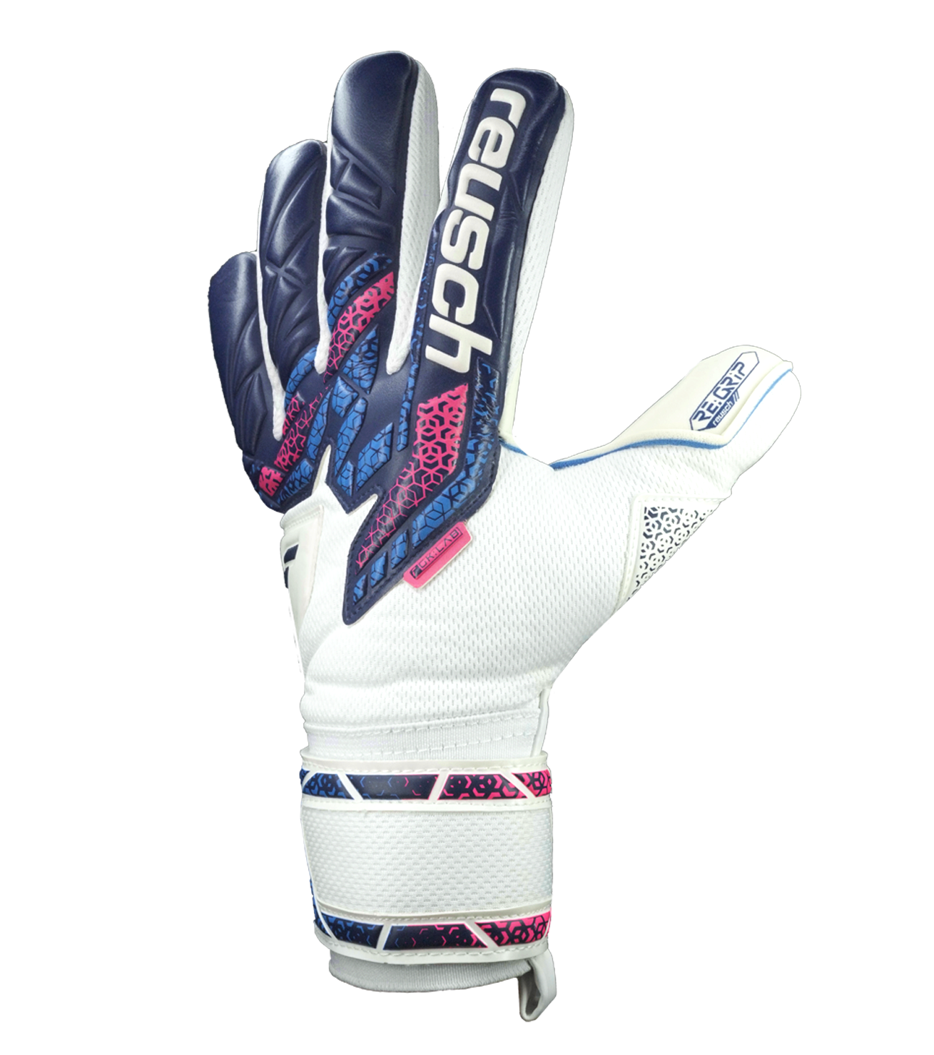 Guantes de portero de fútbol Reusch Attrakt RE:Grip NC Blue/Pink/White con corte negativo, látex alemán de doble capa y agarre profesional en seco y mojado. Disponibles en UnoKeeper.