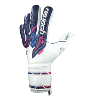 Guantes de portero de fútbol Reusch Attrakt RE:Grip NC Blue/Pink/White con corte negativo, látex alemán de doble capa y agarre profesional en seco y mojado. Disponibles en UnoKeeper.
