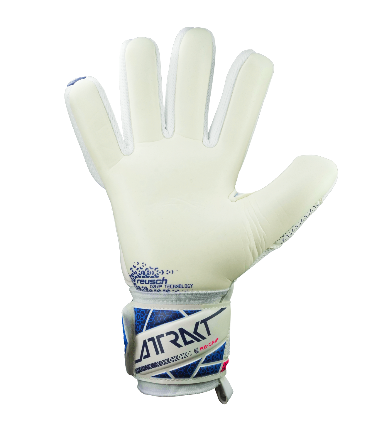 Guantes de portero de fútbol Reusch Attrakt RE:Grip NC Blue/Pink/White con corte negativo, látex alemán de doble capa y agarre profesional en seco y mojado. Disponibles en UnoKeeper.