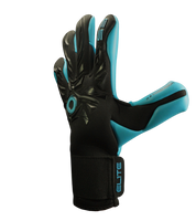 Guantes de portero de futbol Elite Revolution X Aqua Negro Azul con palma Aqua EsTec de 4 mm para clima húmedo, corte Flash X ceñido con doble envoltura, dorso con goma protectora y tejido Hybrid CR, y cierre elástico envolvente con lengüeta de goma unokeeper.
