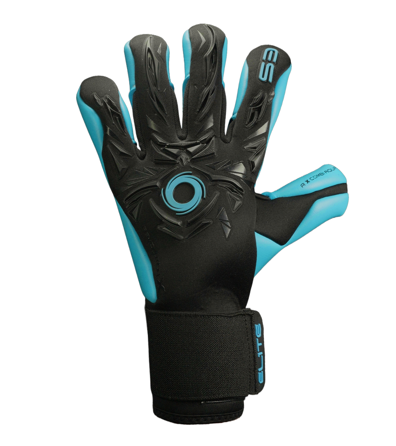 Guantes de portero de futbol Elite Revolution X Aqua Negro Azul con palma Aqua EsTec de 4 mm para clima húmedo, corte Flash X ceñido con doble envoltura, dorso con goma protectora y tejido Hybrid CR, y cierre elástico envolvente con lengüeta de goma unokeeper.
