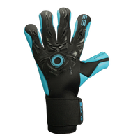 Guantes de portero de futbol Elite Revolution X Aqua Negro Azul con palma Aqua EsTec de 4 mm para clima húmedo, corte Flash X ceñido con doble envoltura, dorso con goma protectora y tejido Hybrid CR, y cierre elástico envolvente con lengüeta de goma unokeeper.