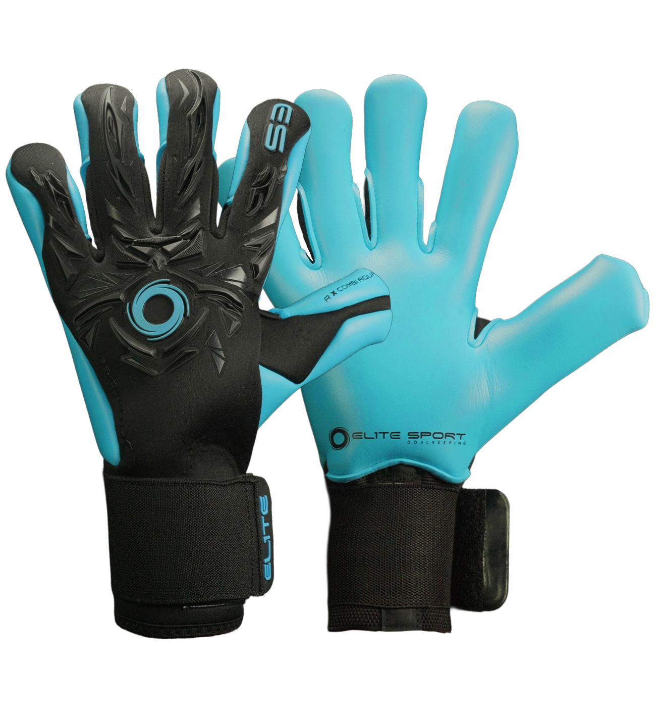 Guantes de portero de futbol Elite Revolution X Aqua Negro Azul con palma Aqua EsTec de 4 mm para clima húmedo, corte Flash X ceñido con doble envoltura, dorso con goma protectora y tejido Hybrid CR, y cierre elástico envolvente con lengüeta de goma unokeeper.