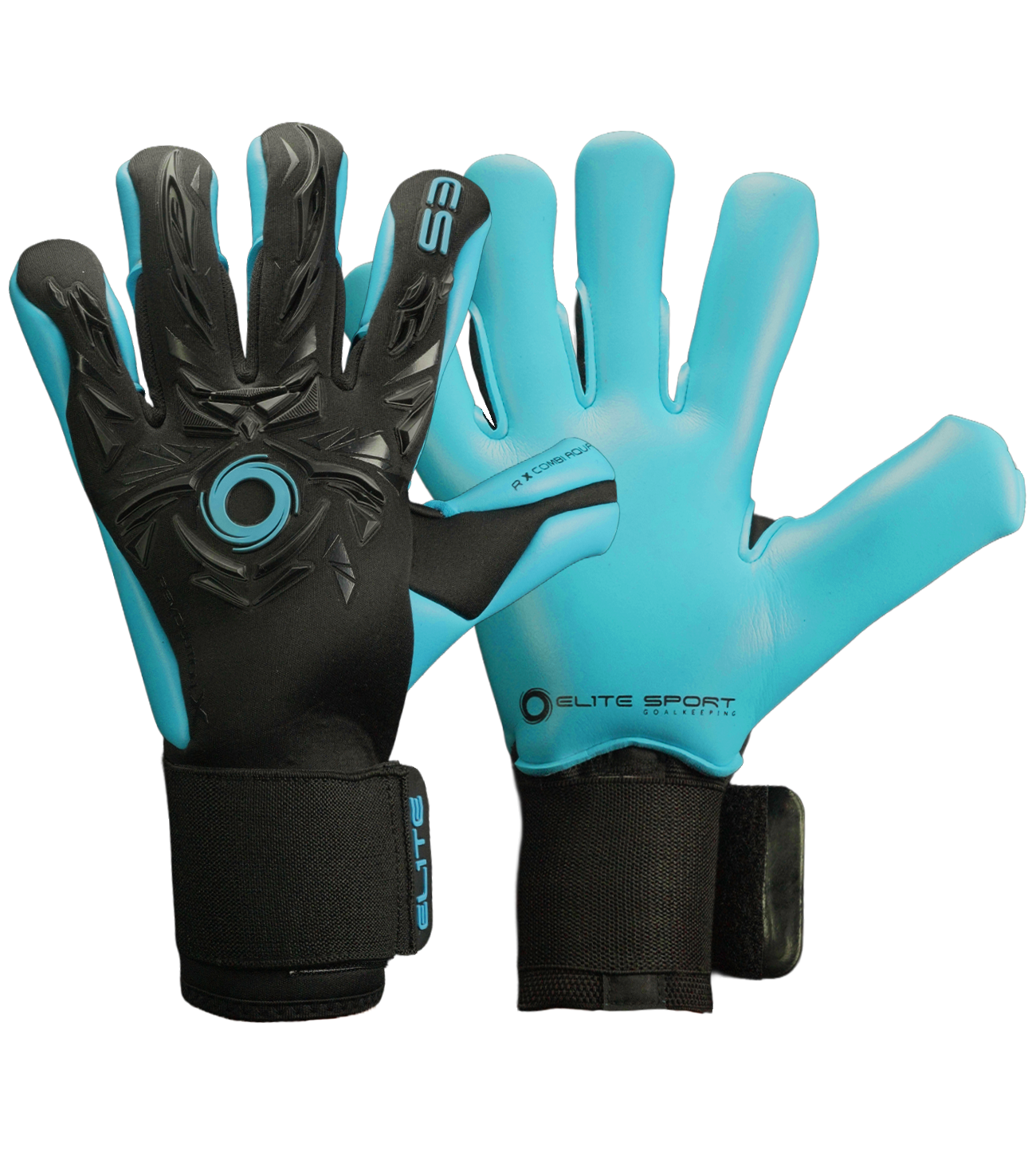 Guantes de portero de futbol Elite Revolution X Aqua Negro Azul con palma Aqua EsTec de 4 mm para clima húmedo, corte Flash X ceñido con doble envoltura, dorso con goma protectora y tejido Hybrid CR, y cierre elástico envolvente con lengüeta de goma unokeeper.