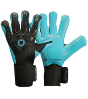 Guantes de portero de futbol Elite Revolution X Aqua Negro Azul con palma Aqua EsTec de 4 mm para clima húmedo, corte Flash X ceñido con doble envoltura, dorso con goma protectora y tejido Hybrid CR, y cierre elástico envolvente con lengüeta de goma unokeeper.