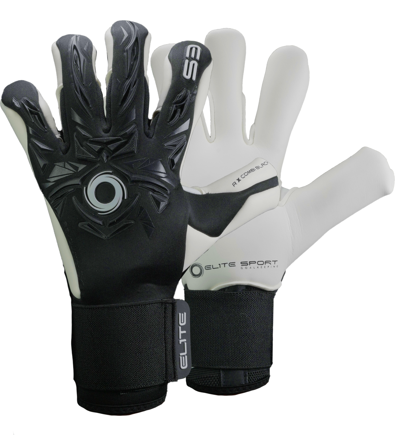 Guantes de portero de futbol Elite Sport Revolution X Combi Black con palma Ultra GTech Pro de 4 mm, corte Flash X envolvente, dorso con goma protectora y textil Hybrid CR, cierre elástico ajustable y diseño profesional para todo clima unokeeper.