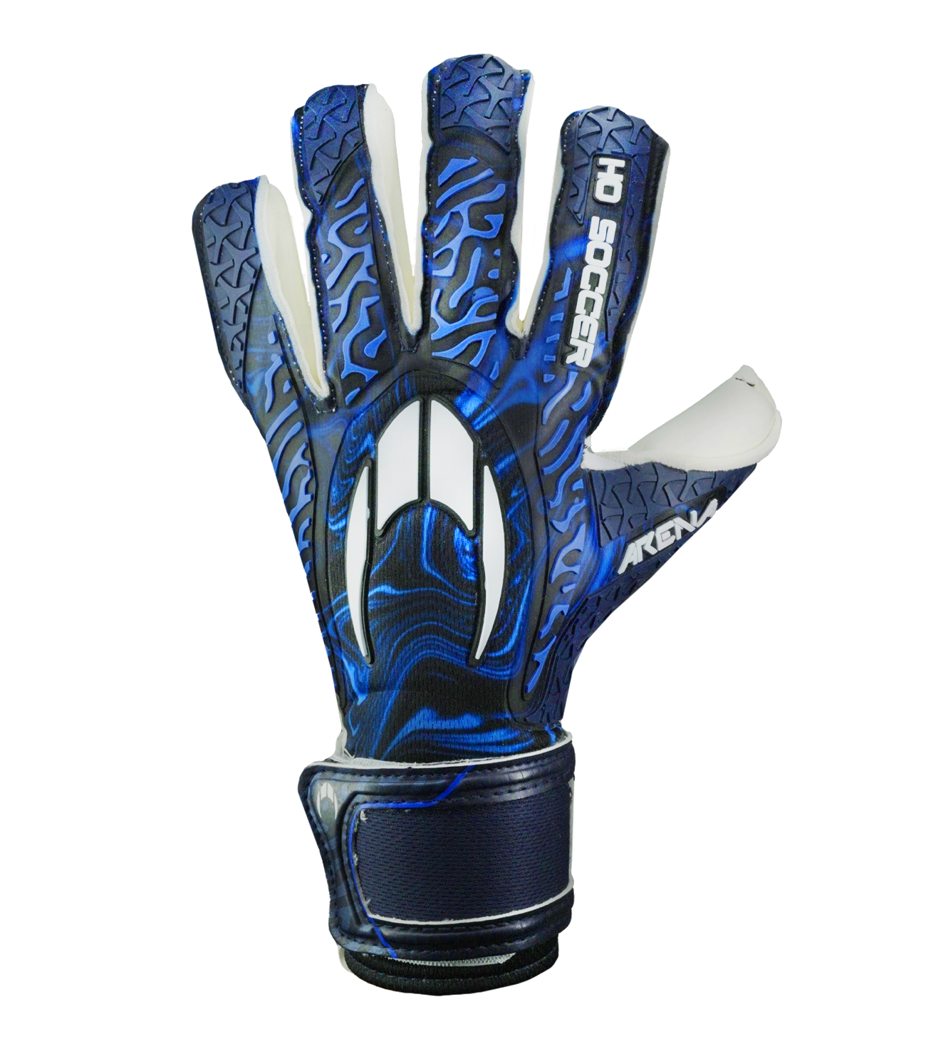 Guantes de portero de futbol HO Soccer Pro Mega Arena NG Blue Shadow en azul, con palma DUO MEGA 2.0 de agarre élite, corte negativo envolvente, dorso reforzado y cierre elástico seguro. Disponibles en UnoKeeper.