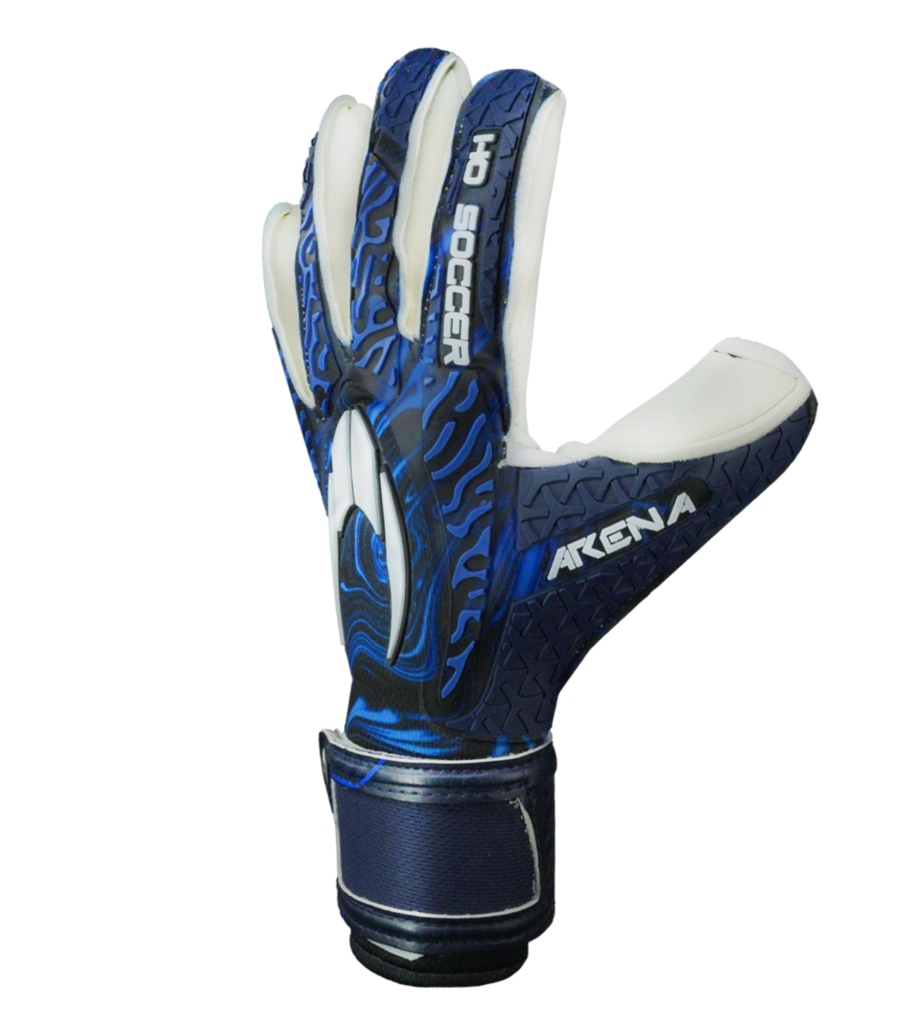Guantes de portero de futbol HO Soccer Pro Mega Arena NG Blue Shadow en azul, con palma DUO MEGA 2.0 de agarre élite, corte negativo envolvente, dorso reforzado y cierre elástico seguro. Disponibles en UnoKeeper.