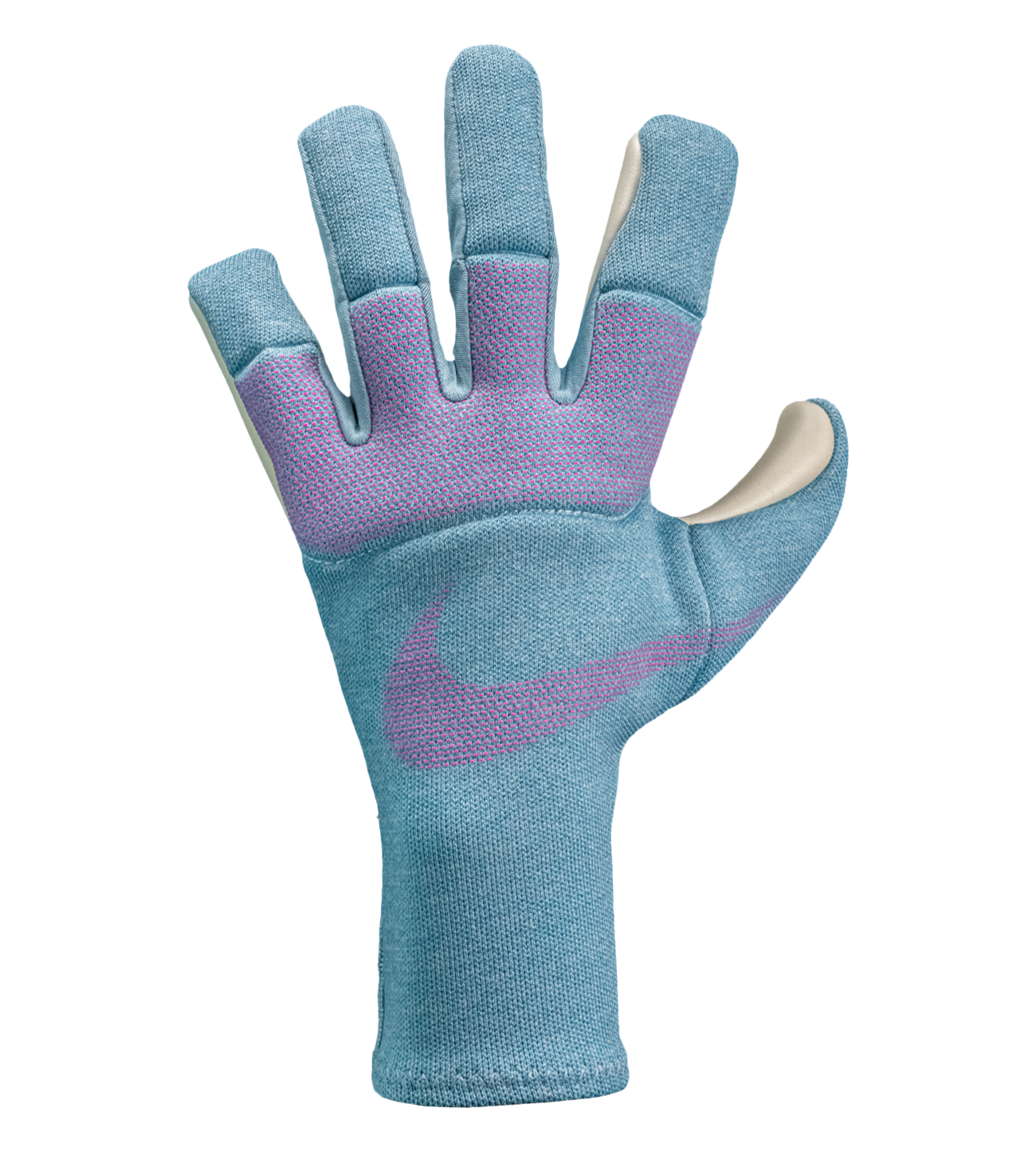 Guantes de portero de fútbol Nike GK Dynamic Fit Ocean Cube/Pink Blast/Aurora Green, con palma Contact Plus de 4 mm, corte híbrido negativo, dorso Dynamic Fit transpirable y detalles de látex envolvente para mayor control. Disponibles en UnoKeeper.