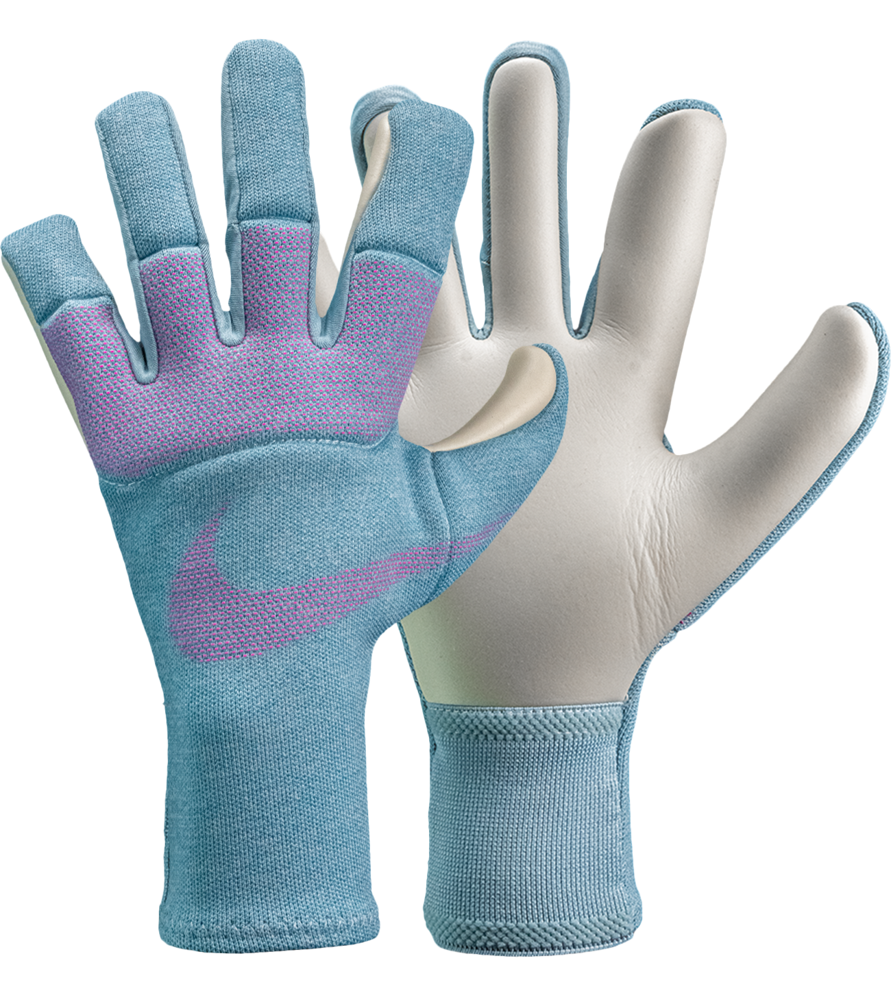 Guantes de portero de fútbol Nike GK Dynamic Fit Ocean Cube/Pink Blast/Aurora Green, con palma Contact Plus de 4 mm, corte híbrido negativo, dorso Dynamic Fit transpirable y detalles de látex envolvente para mayor control. Disponibles en UnoKeeper.