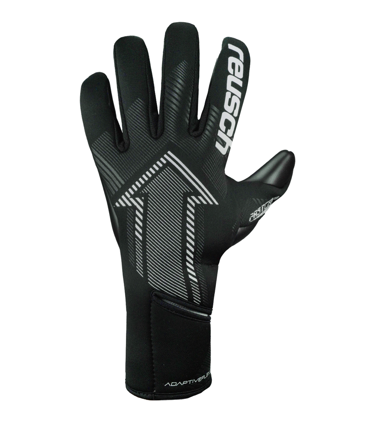 Guantes de portero de fútbol Reusch FastGrip Infinity Black, con palma Infinity, corte híbrido y dorso ventilado. Guantes profesionales de agarre, durabilidad y precisión, disponibles en UnoKeeper.