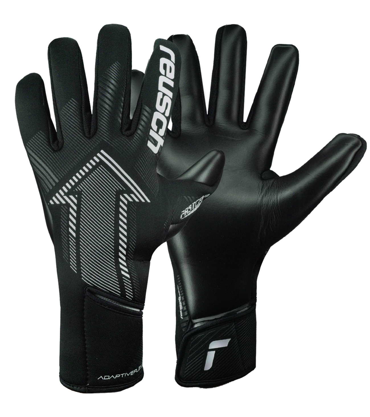 Guantes de portero de fútbol Reusch FastGrip Infinity Black, con palma Infinity, corte híbrido y dorso ventilado. Guantes profesionales de agarre, durabilidad y precisión, disponibles en UnoKeeper.