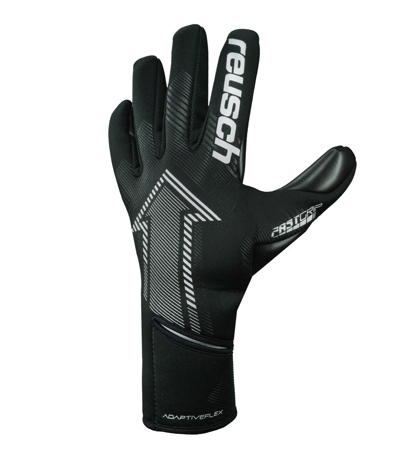 Guantes de portero de fútbol Reusch FastGrip Infinity Black, con palma Infinity, corte híbrido y dorso ventilado. Guantes profesionales de agarre, durabilidad y precisión, disponibles en UnoKeeper.