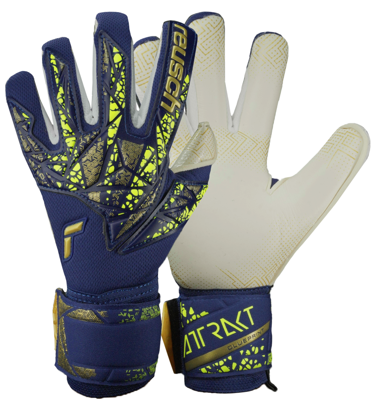 Guantes de portero de fútbol Reusch Attrakt Gold X Glueprint, con palma Grip Gold X Glueprint ultra adherente, corte Evolution Negative, dorso protector y cierre elástico con correa de neopreno. Disponibles en UnoKeeper.