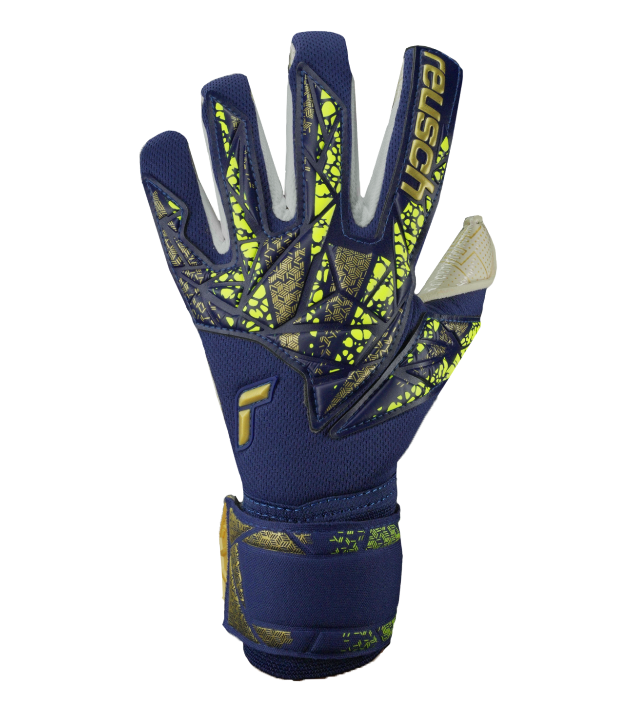 Guantes de portero de fútbol Reusch Attrakt Gold X Glueprint, con palma Grip Gold X Glueprint ultra adherente, corte Evolution Negative, dorso protector y cierre elástico con correa de neopreno. Disponibles en UnoKeeper.