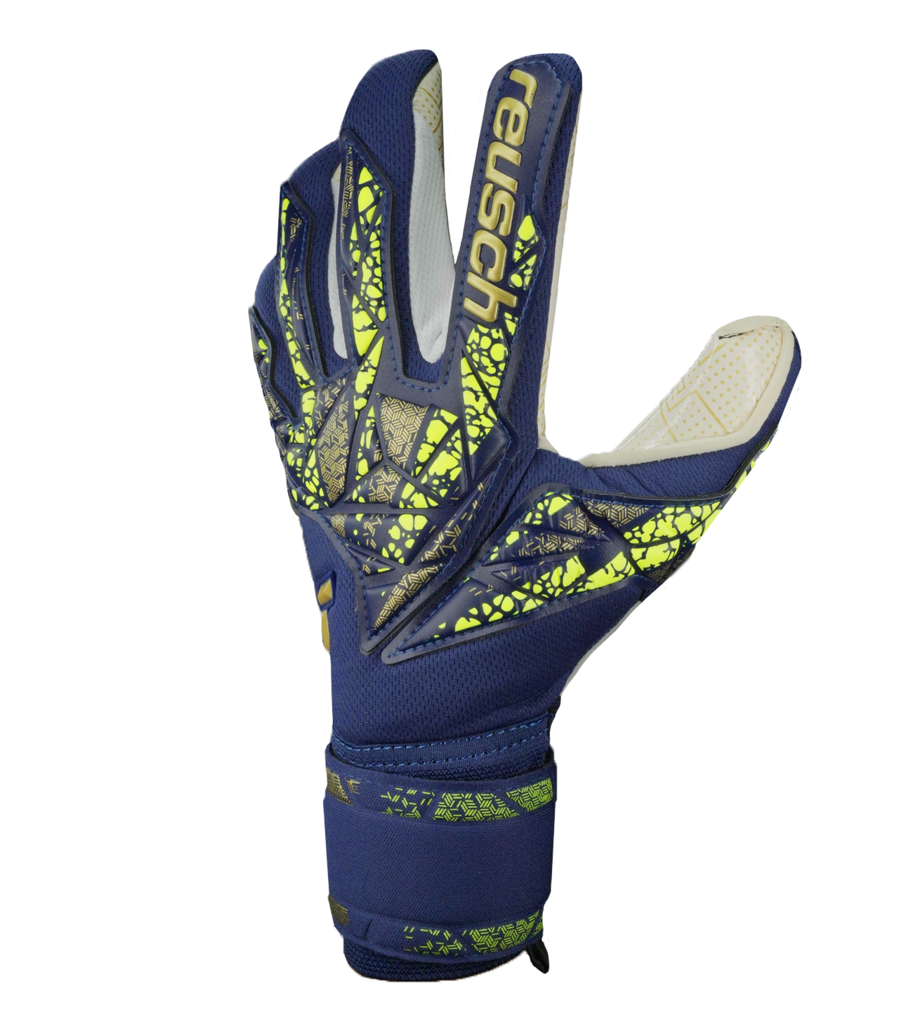 Guantes de portero de fútbol Reusch Attrakt Gold X Glueprint, con palma Grip Gold X Glueprint ultra adherente, corte Evolution Negative, dorso protector y cierre elástico con correa de neopreno. Disponibles en UnoKeeper.