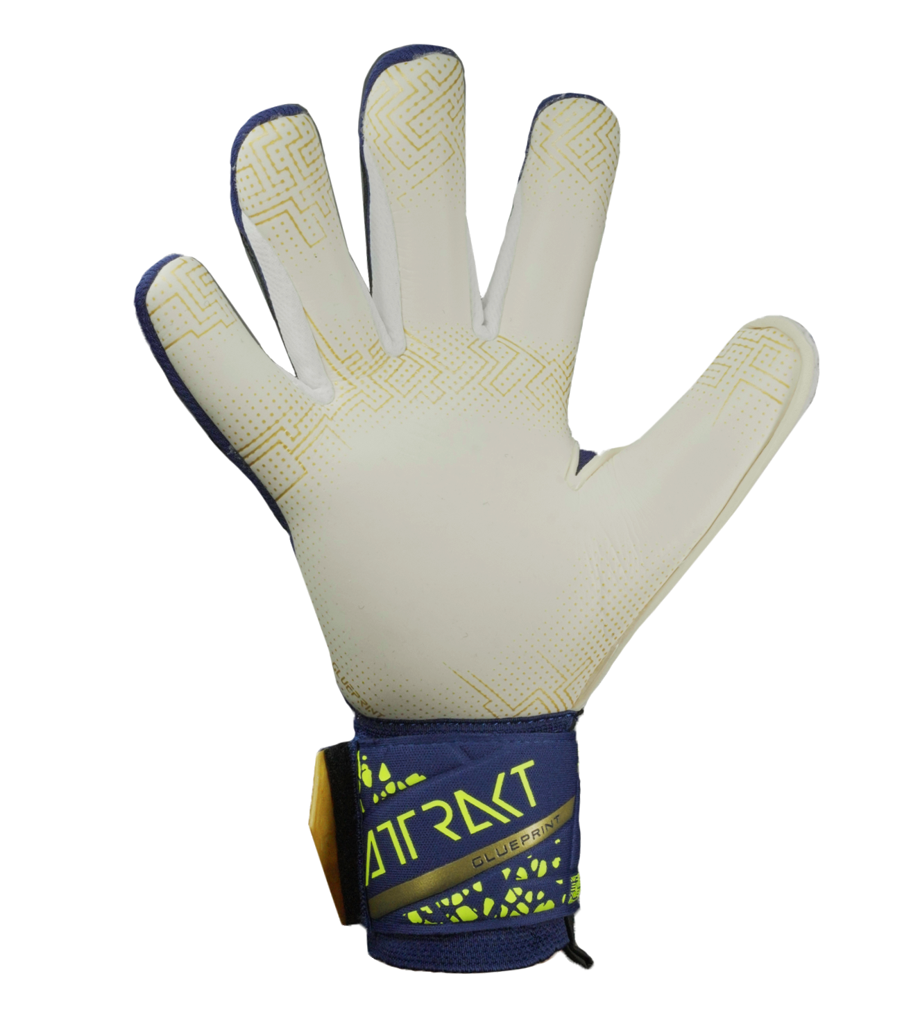 Guantes de portero de fútbol Reusch Attrakt Gold X Glueprint, con palma Grip Gold X Glueprint ultra adherente, corte Evolution Negative, dorso protector y cierre elástico con correa de neopreno. Disponibles en UnoKeeper.