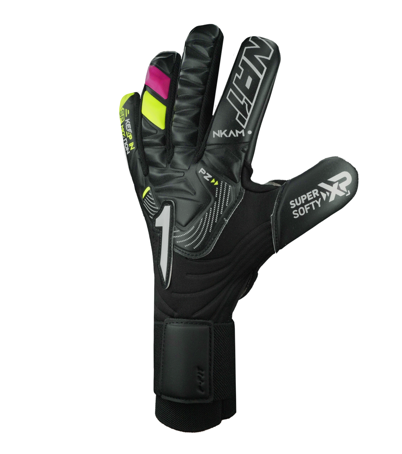 Guantes de portero de fútbol NKAM Prime – corte negativo ceñido con palma Super Softy XP para agarre seguro y duradero, dorso semi armado que protege nudillos con ligereza y flexibilidad, y cierre de muñequera elástica con broche. Rendimiento, confort y control profesional. Disponibles en UnoKeeper.