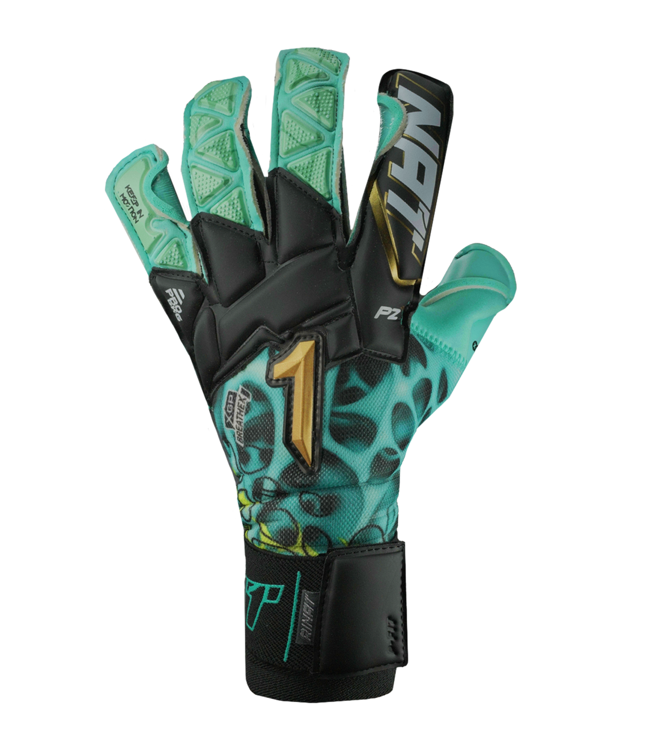 Guantes de portero de fútbol Rinat Xtreme Guard Dominius Pro Aqua – corte Ergo-Roll ergonómico con palma de látex alemán de alta calidad para agarre superior en condiciones húmedas, dorso de neopreno con volumen en dedos y nudillos para protección y ligereza, y cierre de muñequera elástica con cintillo bronce removible. Rendimiento, control y confort en cualquier clima. Disponibles en UnoKeeper.