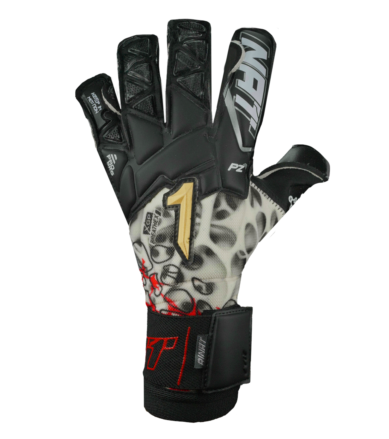 Guantes de portero de fútbol Rinat Xtreme Guard Dominius Pro – corte Ergo-Roll ergonómico con palma de látex alemán de alto rendimiento para agarre superior, dorso de neopreno con volumen en dedos y nudillos para protección y ligereza, y cierre de muñequera elástica con cintillo bronce removible. Control, confort y seguridad profesional. Disponibles en UnoKeeper.