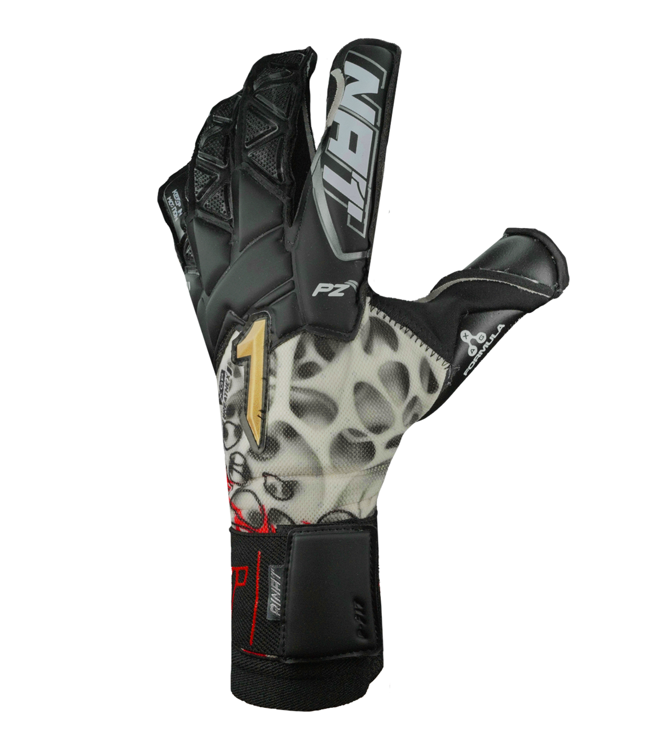 Guantes de portero de fútbol Rinat Xtreme Guard Dominius Pro – corte Ergo-Roll ergonómico con palma de látex alemán de alto rendimiento para agarre superior, dorso de neopreno con volumen en dedos y nudillos para protección y ligereza, y cierre de muñequera elástica con cintillo bronce removible. Control, confort y seguridad profesional. Disponibles en UnoKeeper.