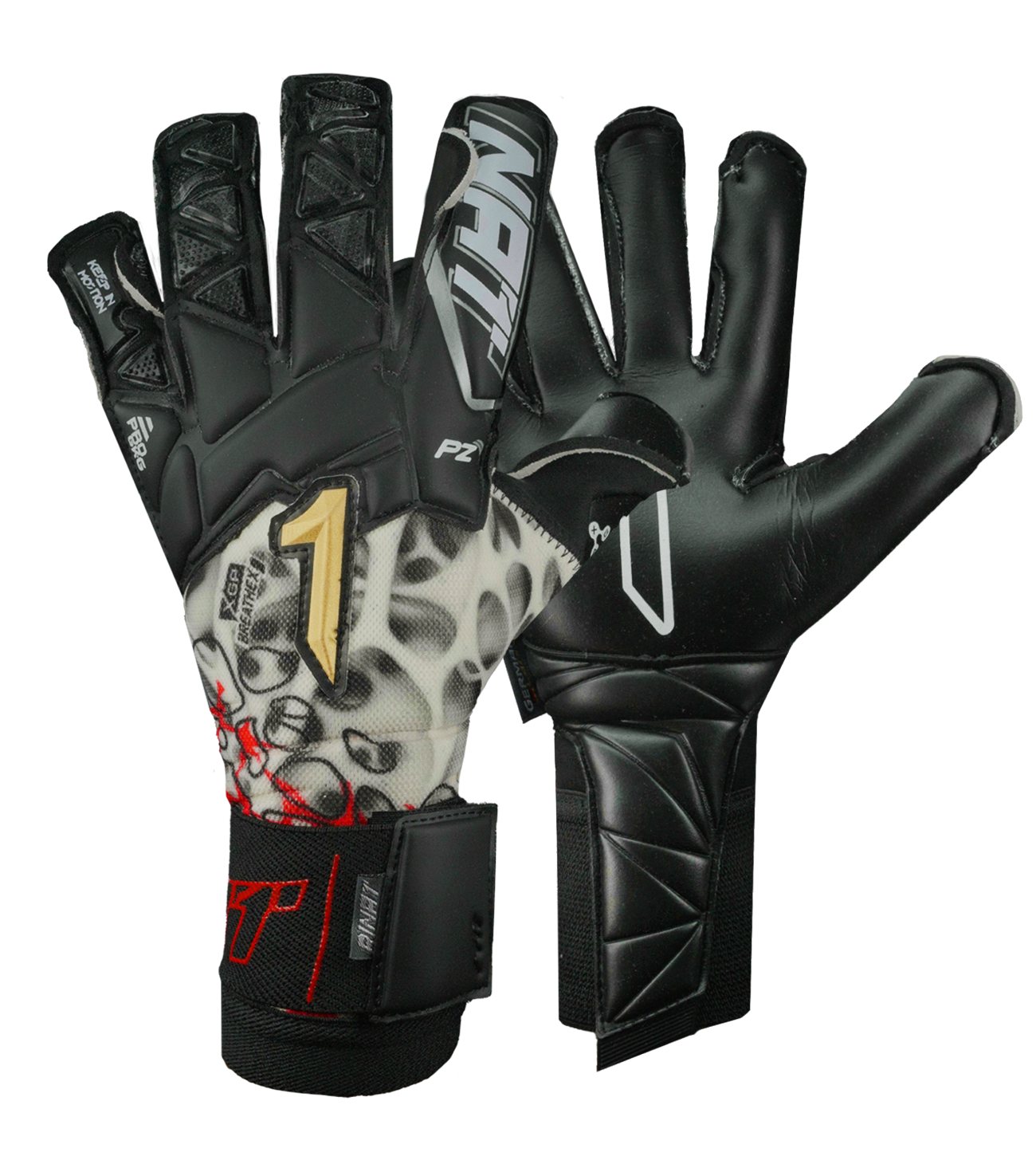 Guantes de portero de fútbol Rinat Xtreme Guard Dominius Pro – corte Ergo-Roll ergonómico con palma de látex alemán de alto rendimiento para agarre superior, dorso de neopreno con volumen en dedos y nudillos para protección y ligereza, y cierre de muñequera elástica con cintillo bronce removible. Control, confort y seguridad profesional. Disponibles en UnoKeeper.