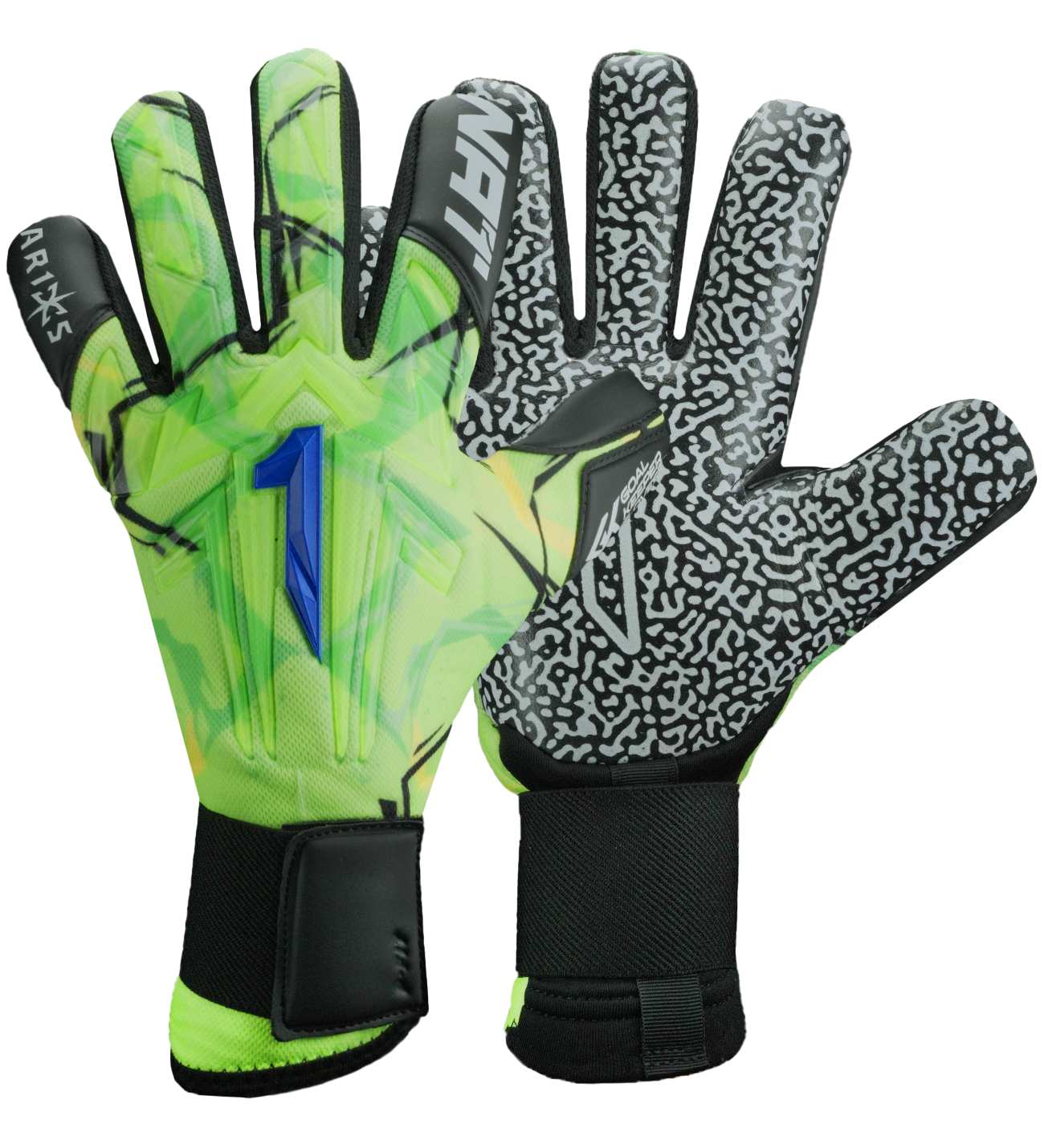 Guantes de portero Aries X Prime Blue, modelo de tercera generación con palma alemana AXG® de agarre excepcional en mojado, corte técnico Arrow Cut que combina ergonomía y mayor superficie de contacto, dorso con aplicaciones de goma protectoras sobre malla transpirable y cierre de muñequera tejida con doble anclaje y látex extendido. Guantes de portero de futbol de gama alta, diseñados para porteros de élite que buscan máximo rendimiento, precisión y control en cualquier condición. Disponibles en UnoKeeper.